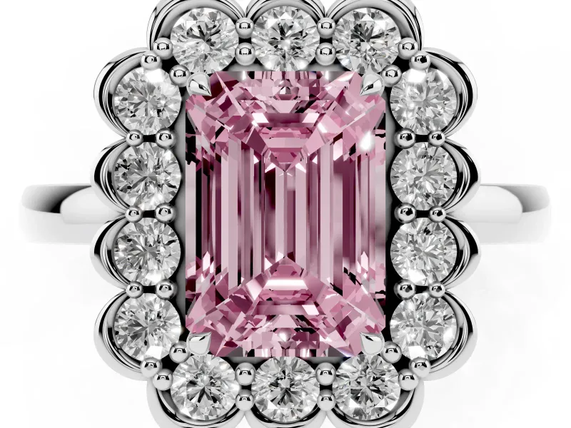 Emerald Cut Cluster Halo Engagement Ring Setting for a Fancy Pink Lab-Grown Diamond | Sterling Silver