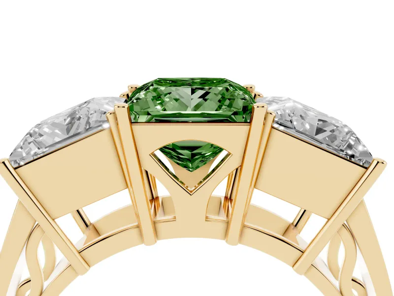 Princess Cut Three Stone Engagement Ring Setting for a Fancy Green Lab-Grown Diamond | Beaded Shoulders | Yellow Gold