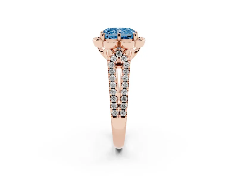 Radiant Cut Floral Halo Engagement Ring Setting for a Fancy Blue Lab-Grown Diamond | Pavé Split Shank | Rose Gold