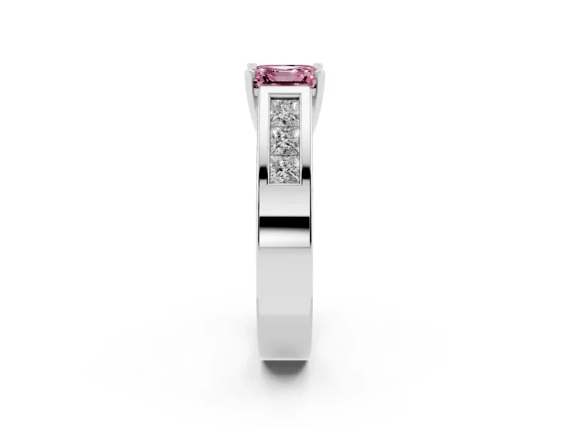 Fancy Pink Asscher Cut Diamond Solitaire Ring Set in Platinum with Channel-Set Accent Stones and Prong Setting