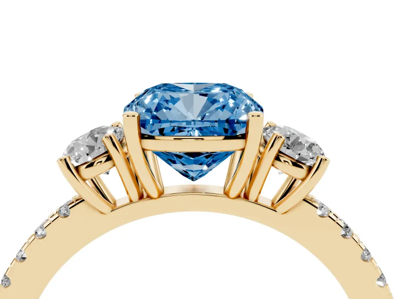 Cushion Cut Three Stone Engagement Ring Setting for a Fancy Blue Lab-Grown Diamond | Pave Shoulders | Yellow Gold