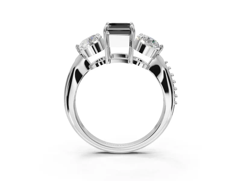 Fancy Black Emerald Cut Lab-Grown Diamond Three-Stone Ring Set in Sterling Silver with Channel-Set Band and Prong Setting