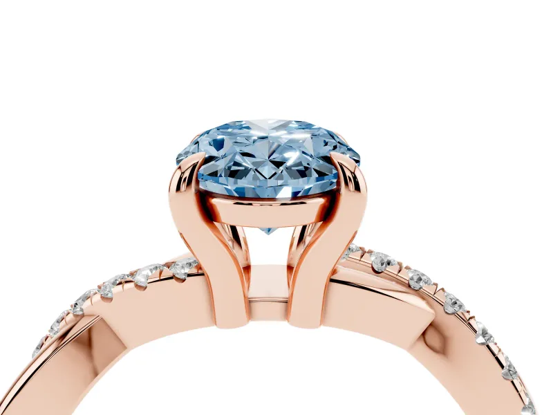 Fancy Blue Oval Cut Diamond Twist Band Solitaire Set in Rose gold with Pavé Accents and Prong Setting