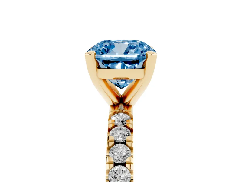 Fancy Blue Cushion Cut Diamond Pavé Band Solitaire Set in Yellow gold with Prong Setting
