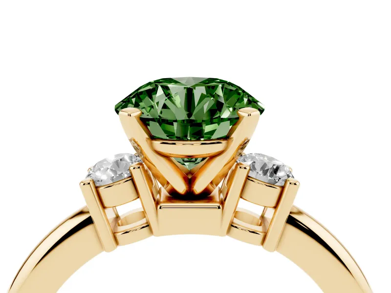 Round Three Stone Engagement Ring Setting for a Fancy Green Lab-Grown Diamond | Round Side Stones | Yellow Gold