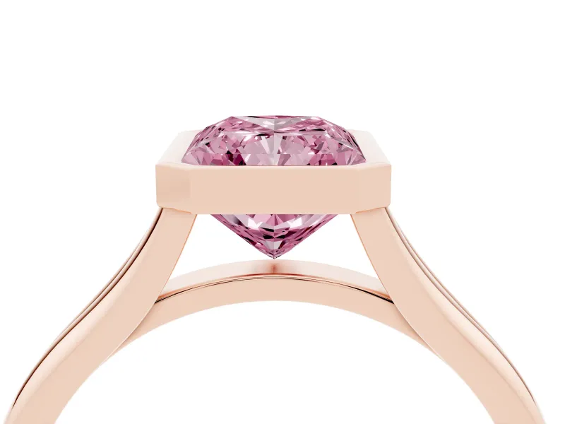 Fancy Pink Bezel Set Radiant Cut Diamond Solitaire Ring Set in Rose gold with Tapered Band