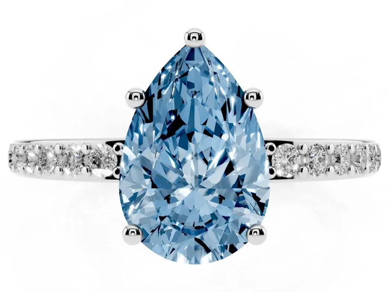 Fancy Blue Pear Cut Diamond Pavé Band Ring Set in White gold with Prong-Set Center Stone