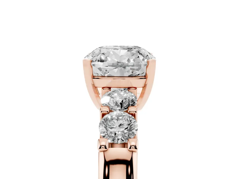 Cushion Cut Diamond Five-Stone Prong Set Engagement Ring Set in Rose gold with Channel Band