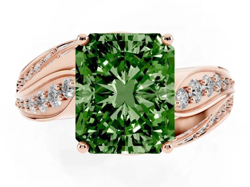 Radiant Cut Bypass Hidden Halo Engagement Ring Setting for a Fancy Green Lab-Grown Diamond | Graduated Pavé | Rose Gold