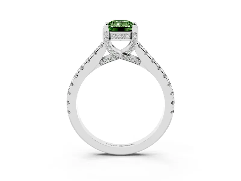 Emerald Cut Hidden Halo Pave Engagement Ring Setting for a Fancy Green Lab-Grown Diamond | Claw Prongs | Sterling Silver