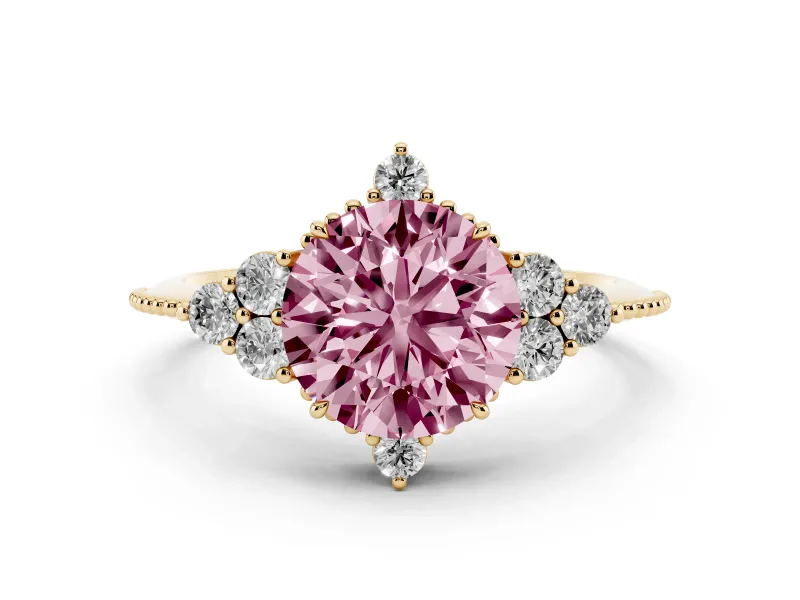 Fancy Pink Round Cut Diamond Cluster Ring Set in Yellow gold with Beaded Band