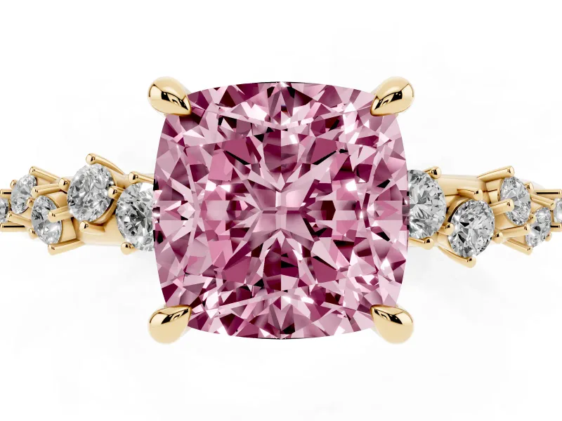 Cushion Cut Graduated Engagement Ring Setting for a Fancy Pink Lab-Grown Diamond | Yellow Gold