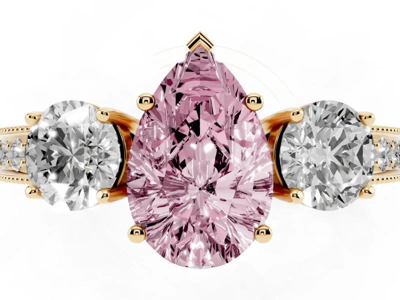 Pear-Shaped Three Stone Engagement Ring Setting for a Fancy Pink Lab-Grown Diamond | Graduated Pave Band | Yellow Gold