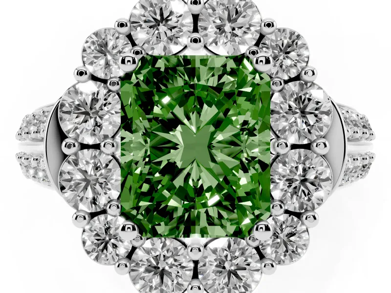 Fancy Green Radiant Cut Diamond Halo Engagement Ring Set in Silver with Split Shank and Prong Setting