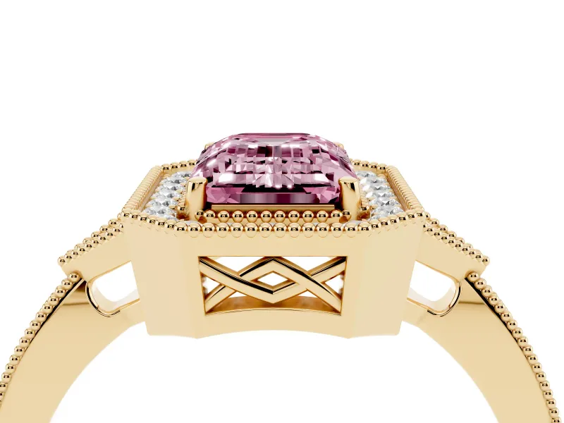 Emerald Cut Milgrain Halo Engagement Ring Setting for a Fancy Pink Lab-Grown Diamond | Graduated Pavé | Yellow Gold