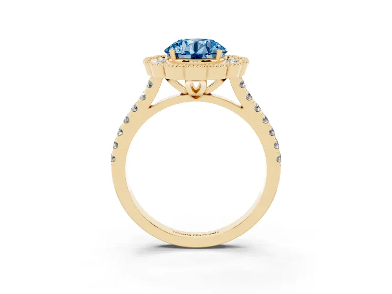 Fancy Blue Round Cut Diamond Milgrain Floral Halo Engagement Ring Set in Yellow gold with Pavé Band