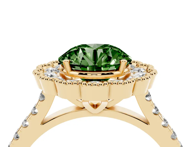 Fancy Green Round Cut Diamond Milgrain Floral Halo Engagement Ring Set in Yellow gold with Pavé Band