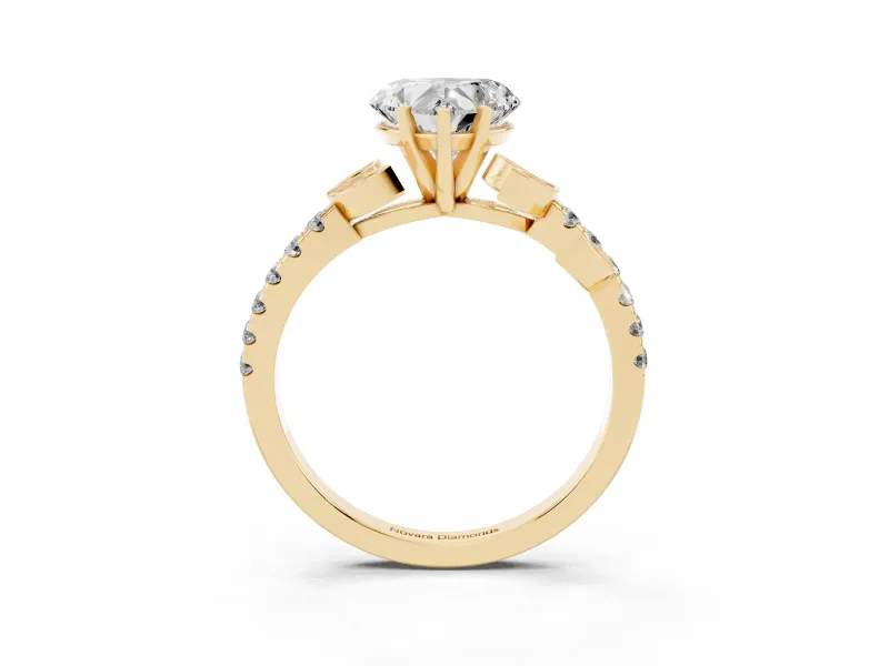 Heart Cut Diamond Solitaire Leaf-Inspired Ring Set in Yellow gold with Pavé Band and Prong Setting