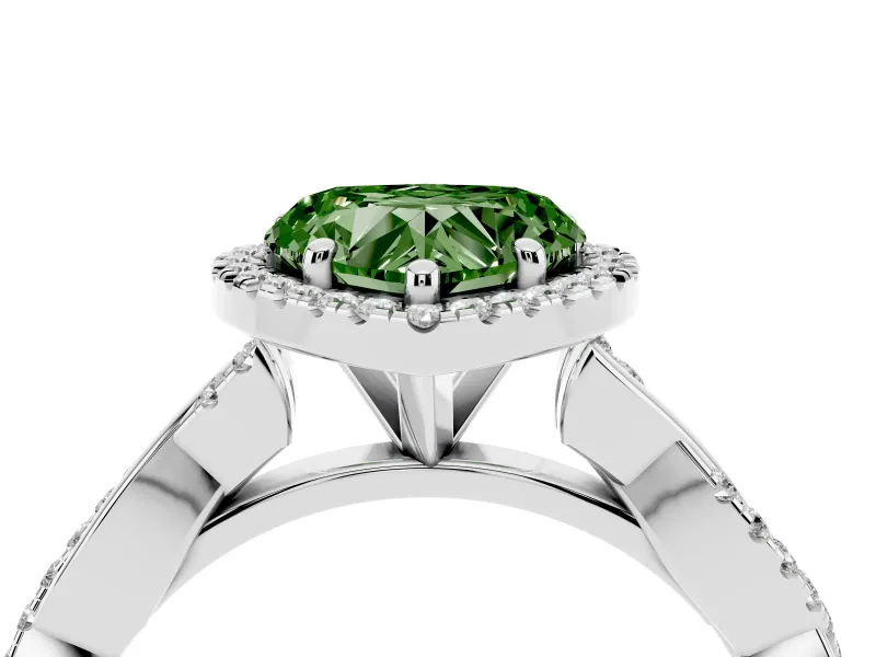 Fancy Green Heart Cut Diamond Halo Twisted Band Ring Set in Silver with Prong Setting