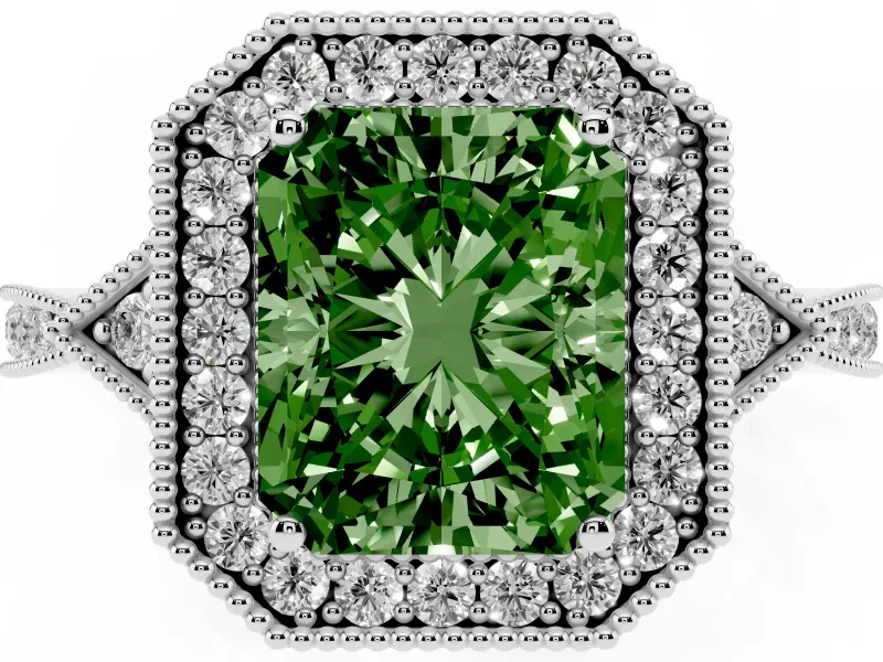 Fancy Green Radiant Cut Diamond Halo Engagement Ring Set in Platinum with Milgrain Pavé Band