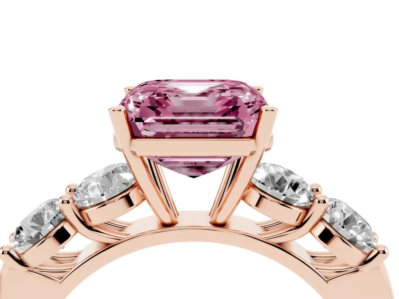 Asscher Cut Five Stone Engagement Ring Setting for a Fancy Pink Lab-Grown Diamond | Prong Set Side Stones | Rose Gold