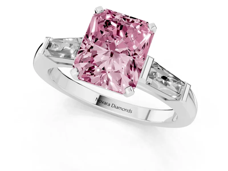 Radiant Cut Three Stone Engagement Ring Setting for a Fancy Pink Lab-Grown Diamond | Tapered Baguettes | White Gold