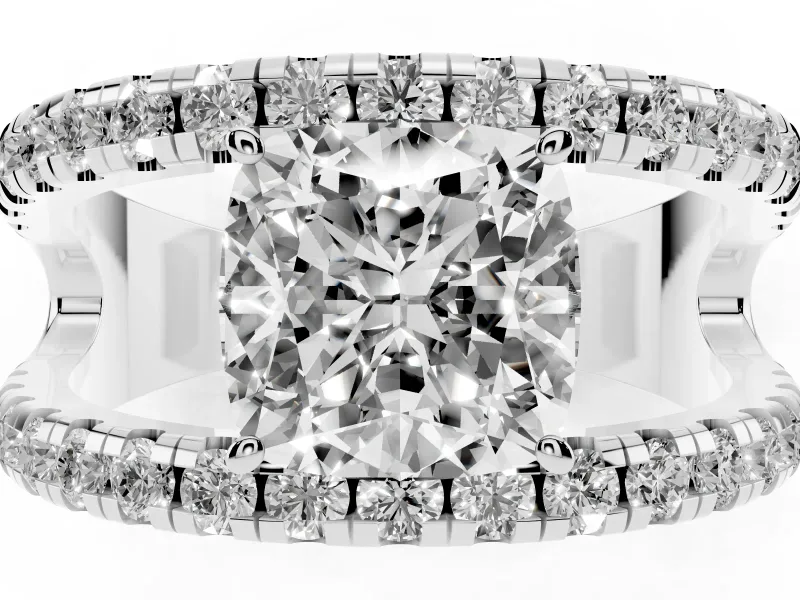 Cushion Cut Wide Open Split Shank Engagement Ring Setting | Pavé Strands | Platinum