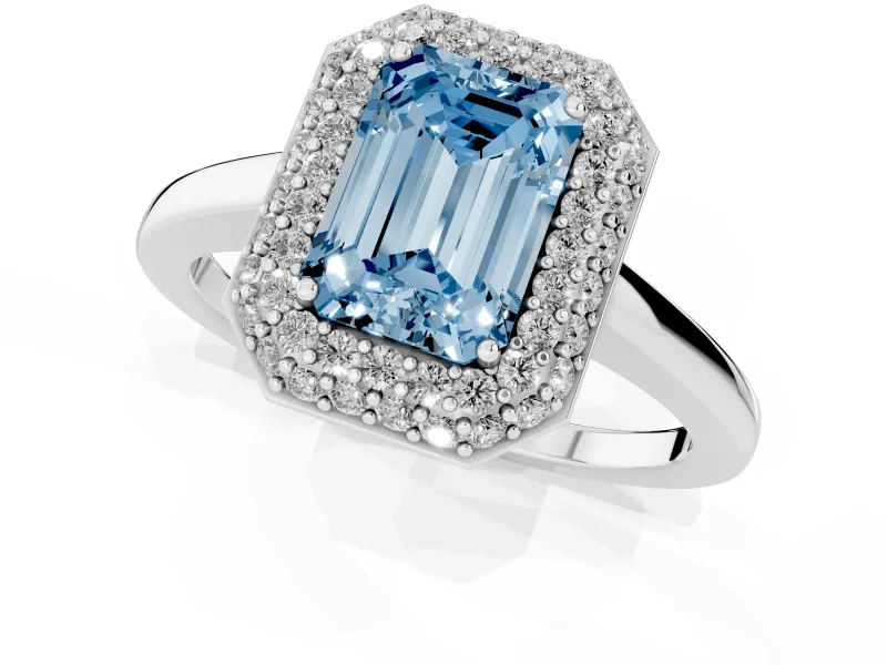 Fancy Blue Emerald Cut Diamond Halo Engagement Ring Set in Silver with Solitaire Band and Prong Setting