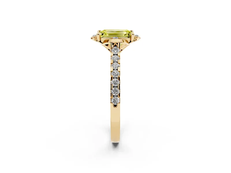 Emerald Cut Floral Petal Engagement Ring Setting for a Fancy Yellow Lab-Grown Diamond | Petal Accents | Yellow Gold