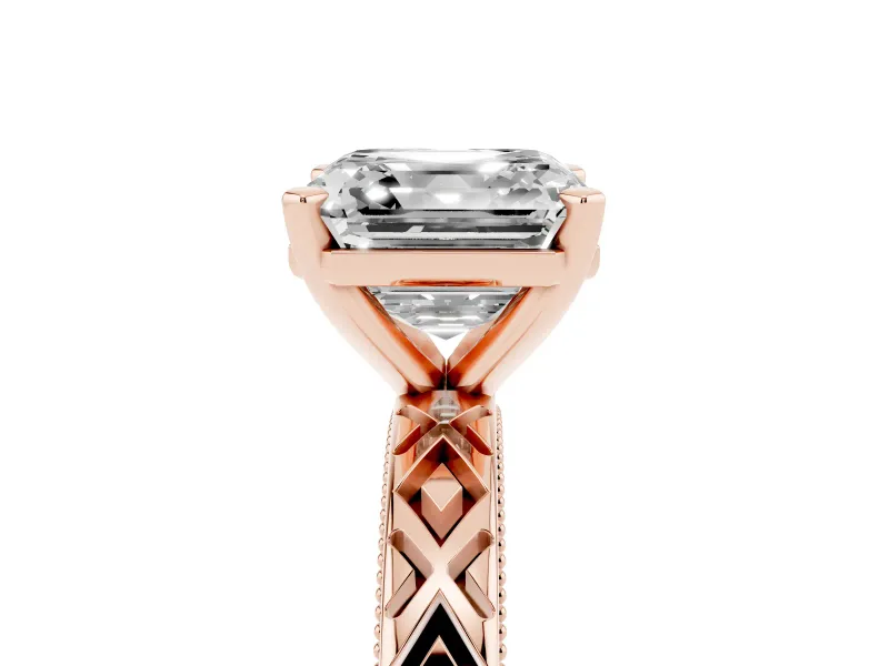 Asscher Cut Diamond Solitaire Ring Set in Rose gold with Milgrain and Black Enamel X Pattern Band