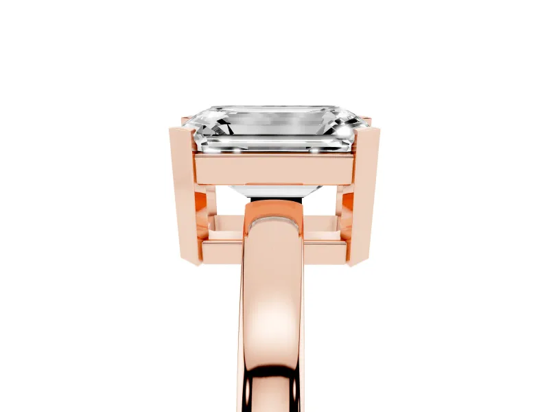 Emerald Cut Diamond Solitaire Ring Set in Rose gold with Prong Head and Smooth Polished Band