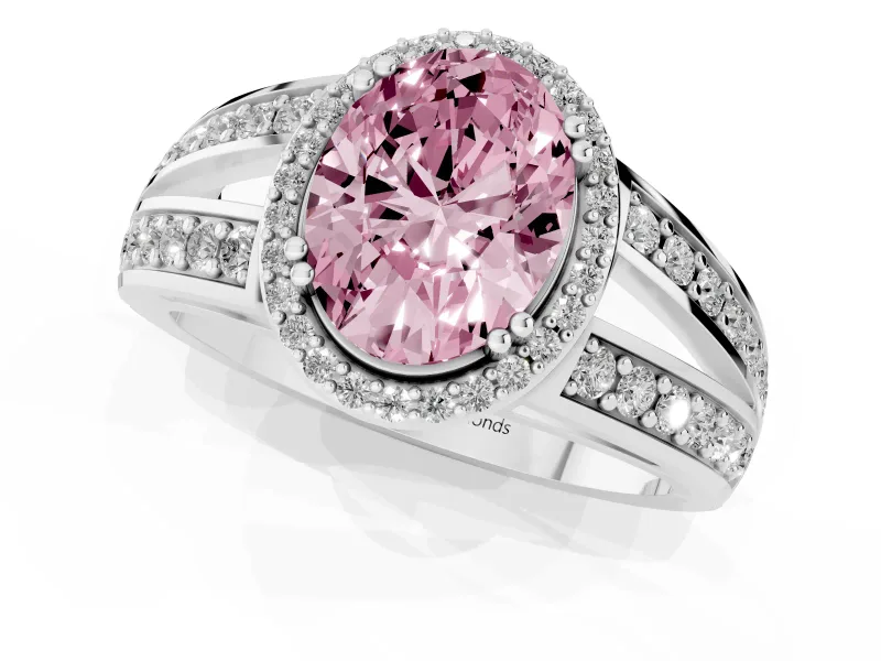 Fancy Pink Oval Cut Diamond Halo Ring Set in Silver with Double Pavé Split Shank