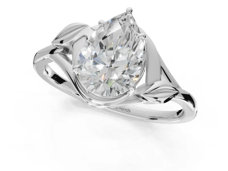 Pear-Shaped Leaf Bypass Solitaire Engagement Ring Setting | Polished Band | White Gold