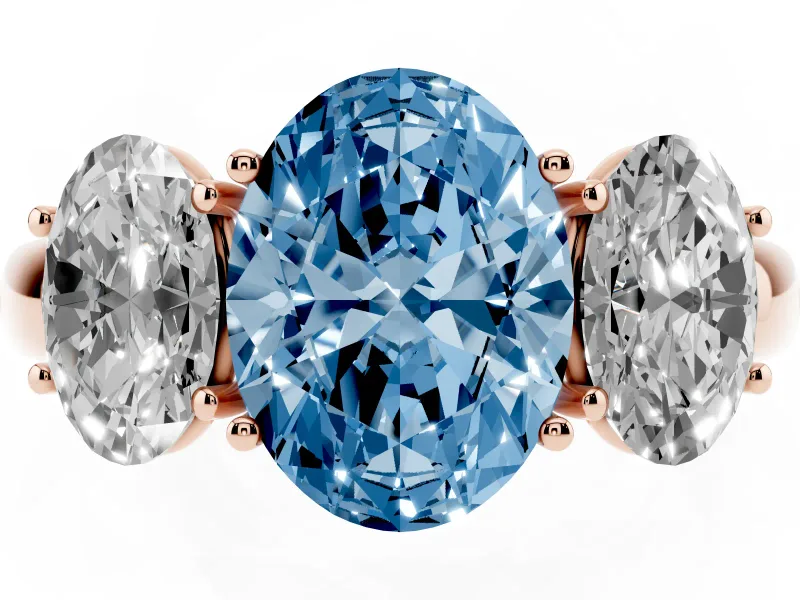 Fancy Blue Oval Cut Diamond Three-Stone Ring Set in Rose gold with Bold Center and Classic Band