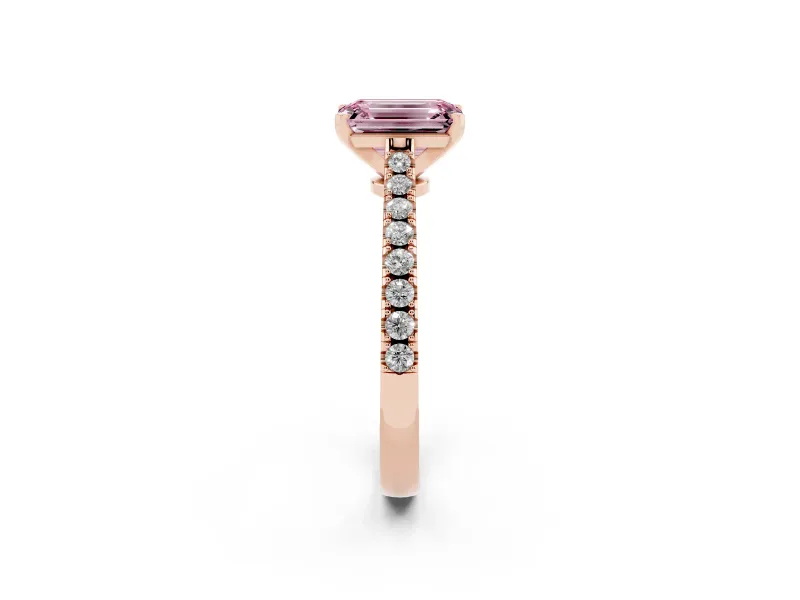 Emerald Cut Pavé Solitaire Engagement Ring Setting for a Fancy Pink Lab-Grown Diamond | Single Row Shoulders | Rose Gold