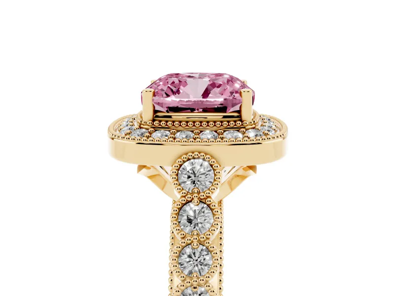 Cushion Cut Graduated Milgrain Halo Engagement Ring Setting for a Fancy Pink Lab-Grown Diamond | Yellow Gold