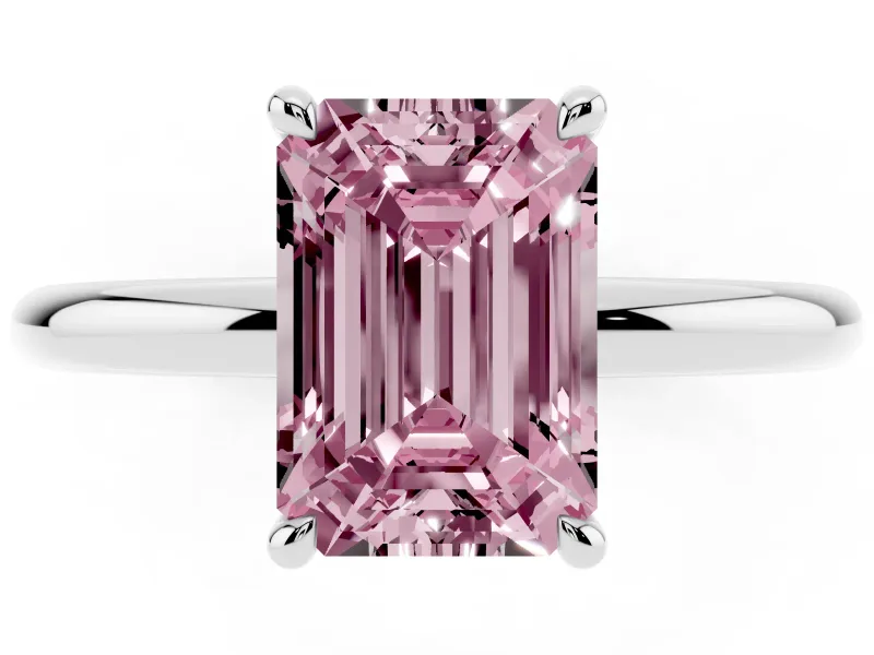 Fancy Pink Emerald Cut Diamond Solitaire Ring Set in Silver with Thin Band and Prong Setting