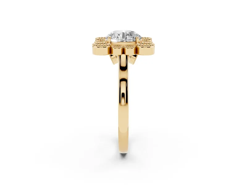 Round Vintage Milgrain Bezel Cluster Halo Engagement Ring Setting | Plain Band | Yellow Gold