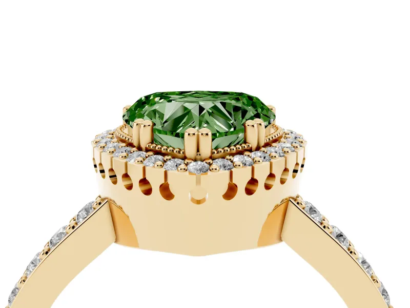Heart-Shaped Milgrain Halo Engagement Ring Setting for a Fancy Green Lab-Grown Diamond | Pavé Band | Yellow Gold
