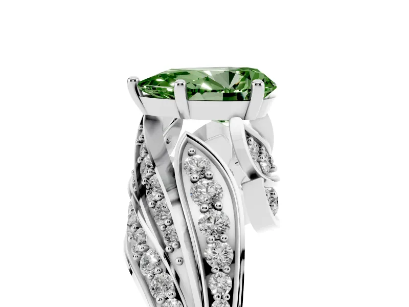 Fancy Green Pear Cut Diamond Solitaire Ring Set in White gold with Layered Twist Pavé Band