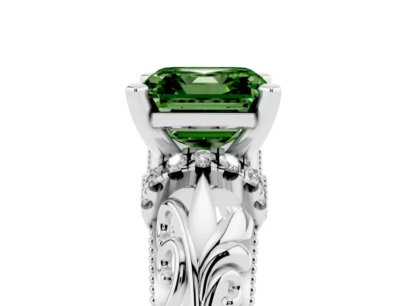 Fancy Green Asscher Cut Diamond Filigree Halo Engagement Ring Set in Platinum with Prong Setting