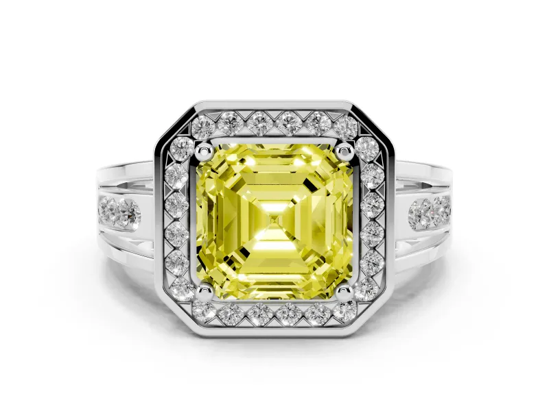 Fancy Yellow Asscher Cut Diamond Halo Ring Set in White gold with Pavé and Bezel Accent Split Shank