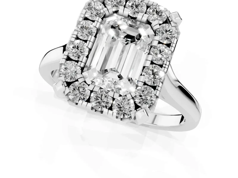Emerald Cut Diamond Cluster Halo Solitaire Ring Set in White gold with Prong Setting