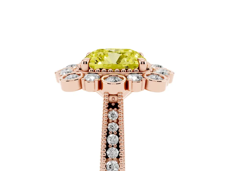 Fancy Yellow Cushion Cut Diamond Halo Milgrain Pavé Ring Set in Rose gold with Prong Setting