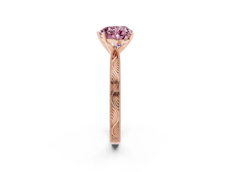 Fancy Pink Heart Cut Diamond Solitaire Milgrain Engraved Band Set in Rose gold with Prong Setting