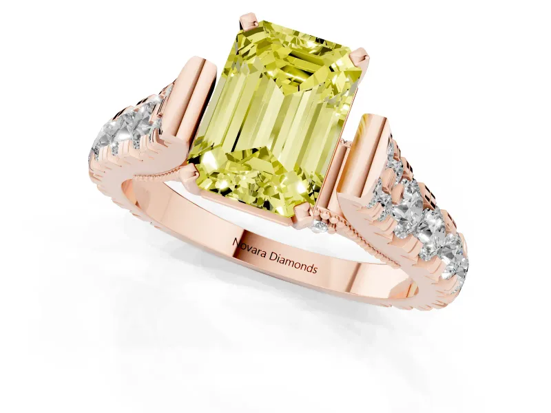 Fancy Yellow Emerald Cut Diamond Classic Solitaire Ring Set in Rose gold with Pavé Band and Prong Setting
