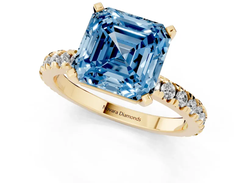 Fancy Blue Asscher Cut Diamond Pavé Band Solitaire Set in Yellow gold with Prong Setting