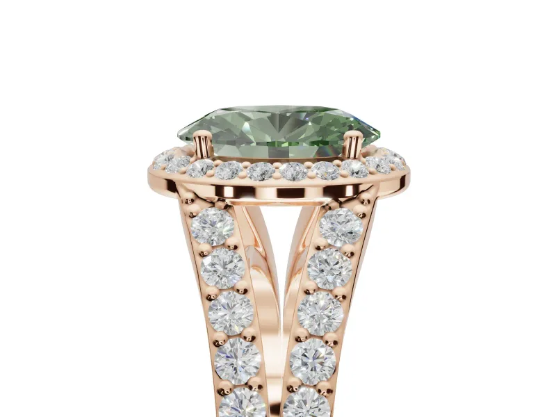 Oval Halo Pavé Engagement Ring Setting for a Fancy Green Lab-Grown Diamond | Narrow Split Shank | Rose Gold