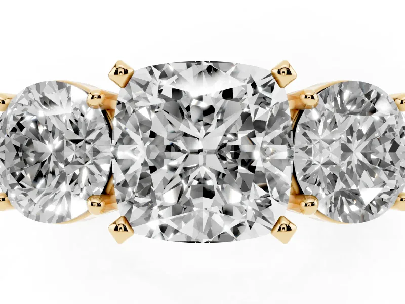 Cushion Cut Three Stone Engagement Ring Setting | Wide Plain Band | Yellow Gold