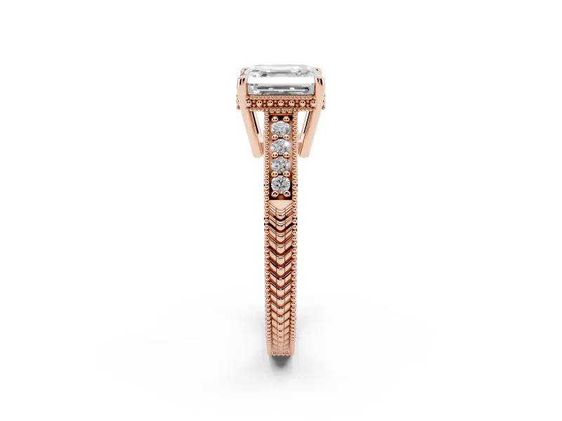 Asscher Cut Vintage Engraved Solitaire Engagement Ring Setting | Milgrain Pavé | Rose Gold